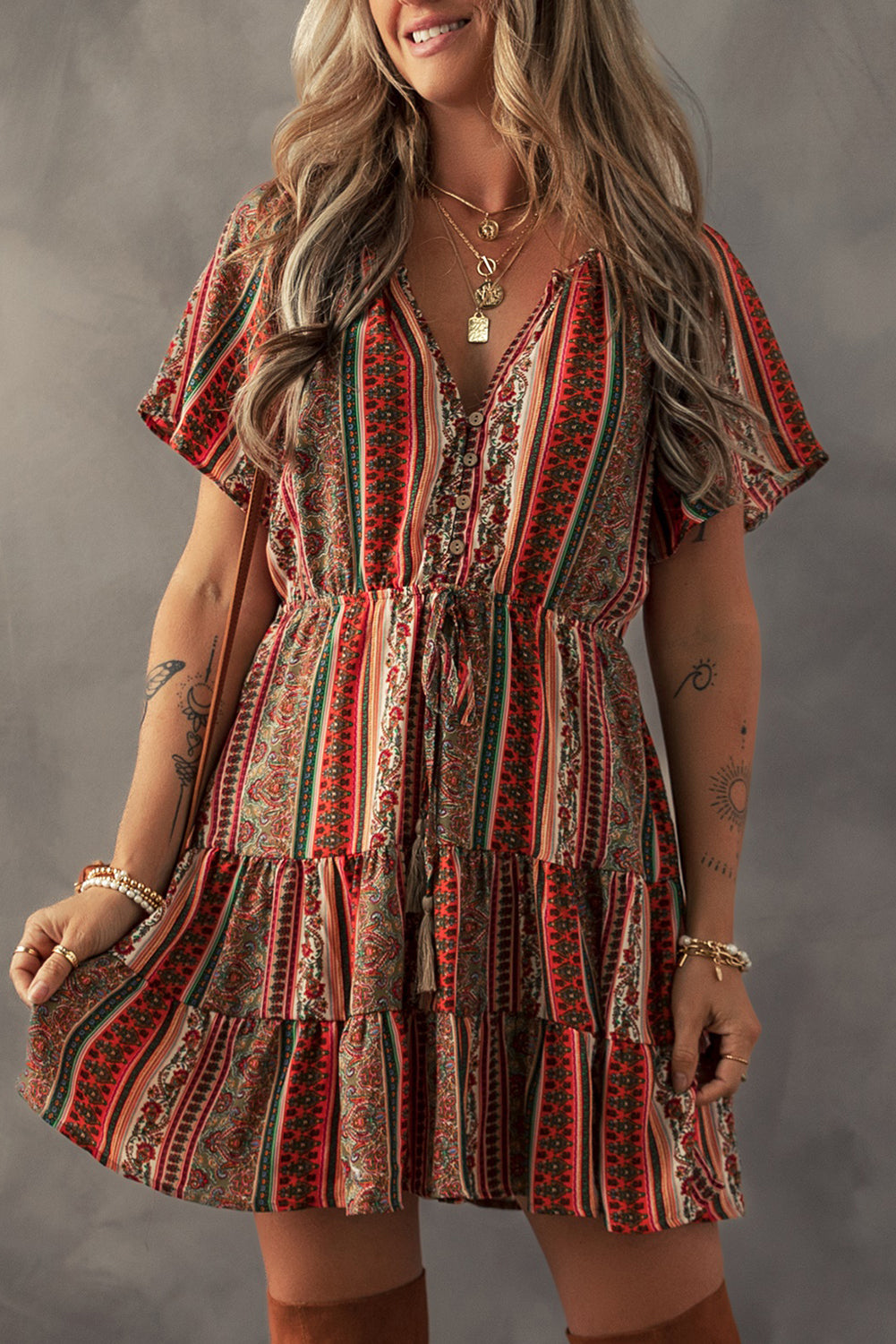 Red Bohemian Ruffle Tiered Dress - Floral Print, Buttoned, V Neck
