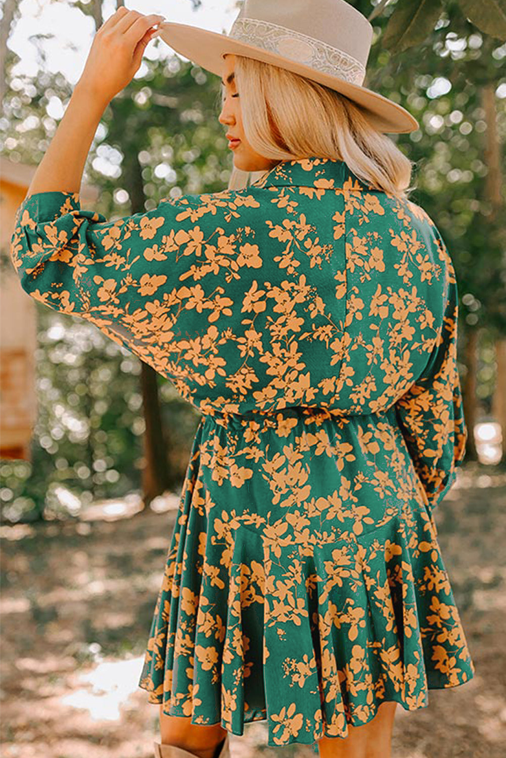 Flowy, Floral Print Drawstring Dress