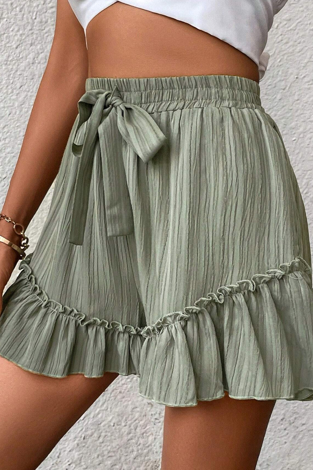 Laurel Green Ruffle Hem Shorts - Tie Waist
