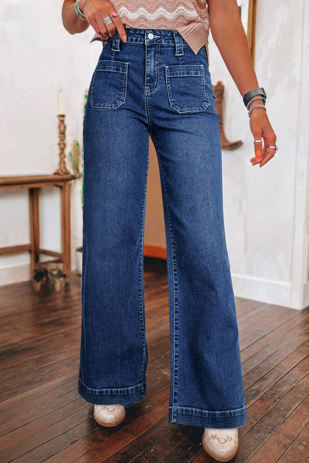 Pocketed High Waist Jeans - Wide Leg