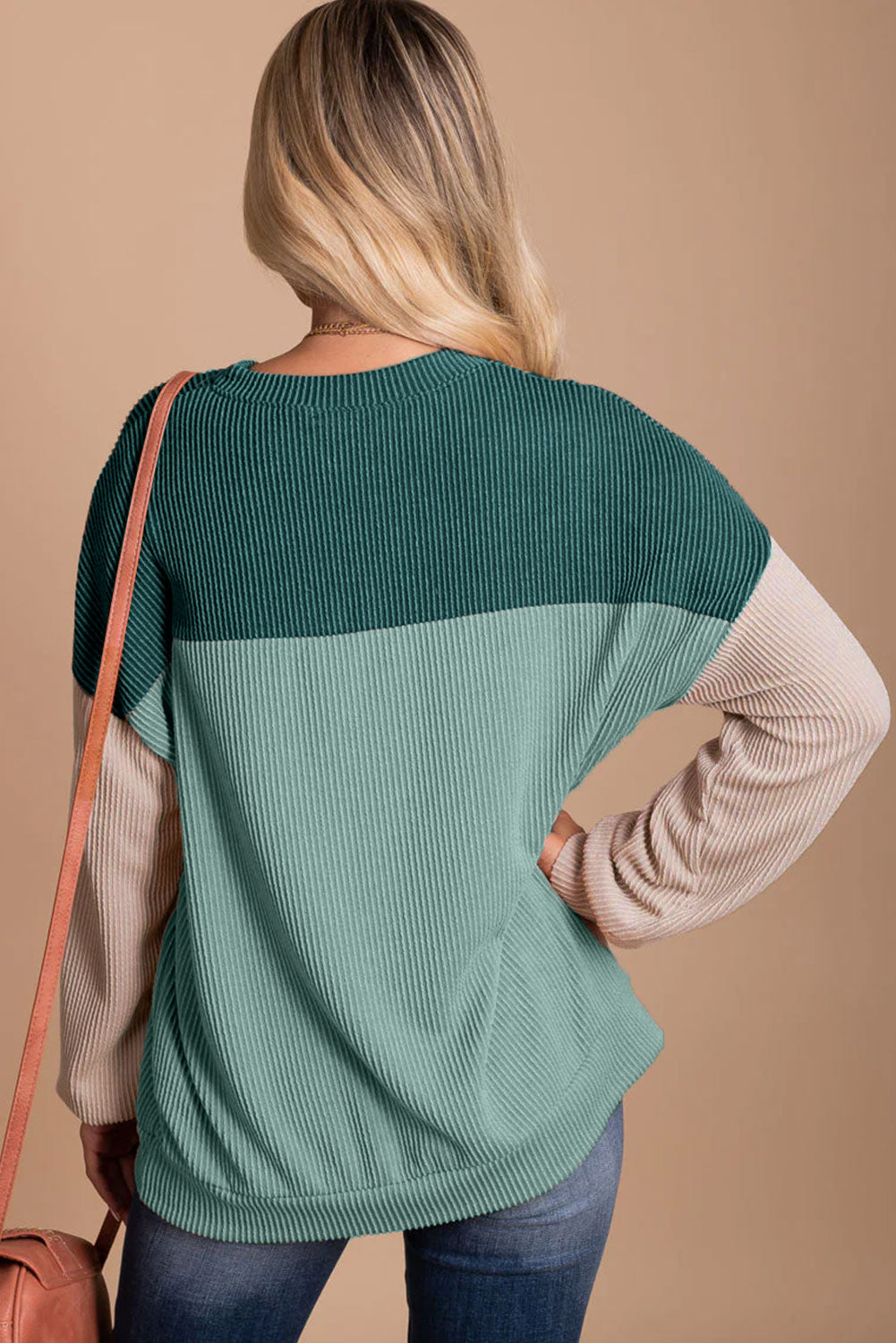 Color Block, Long Sleeve Loose Top - Ribbed Texture