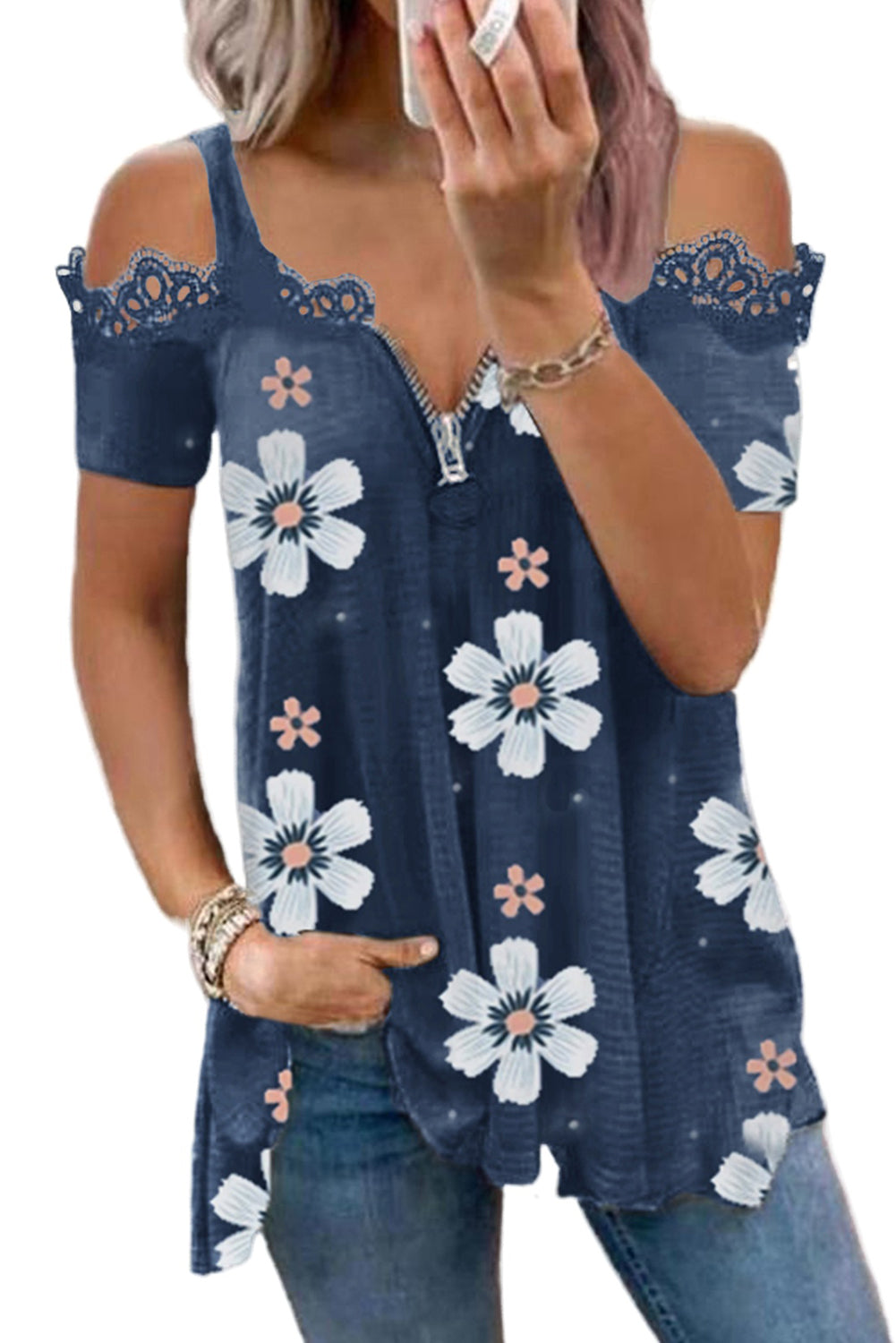Blue Floral, Lace Contrast T Shirt - Zipped, Cold Shoulder