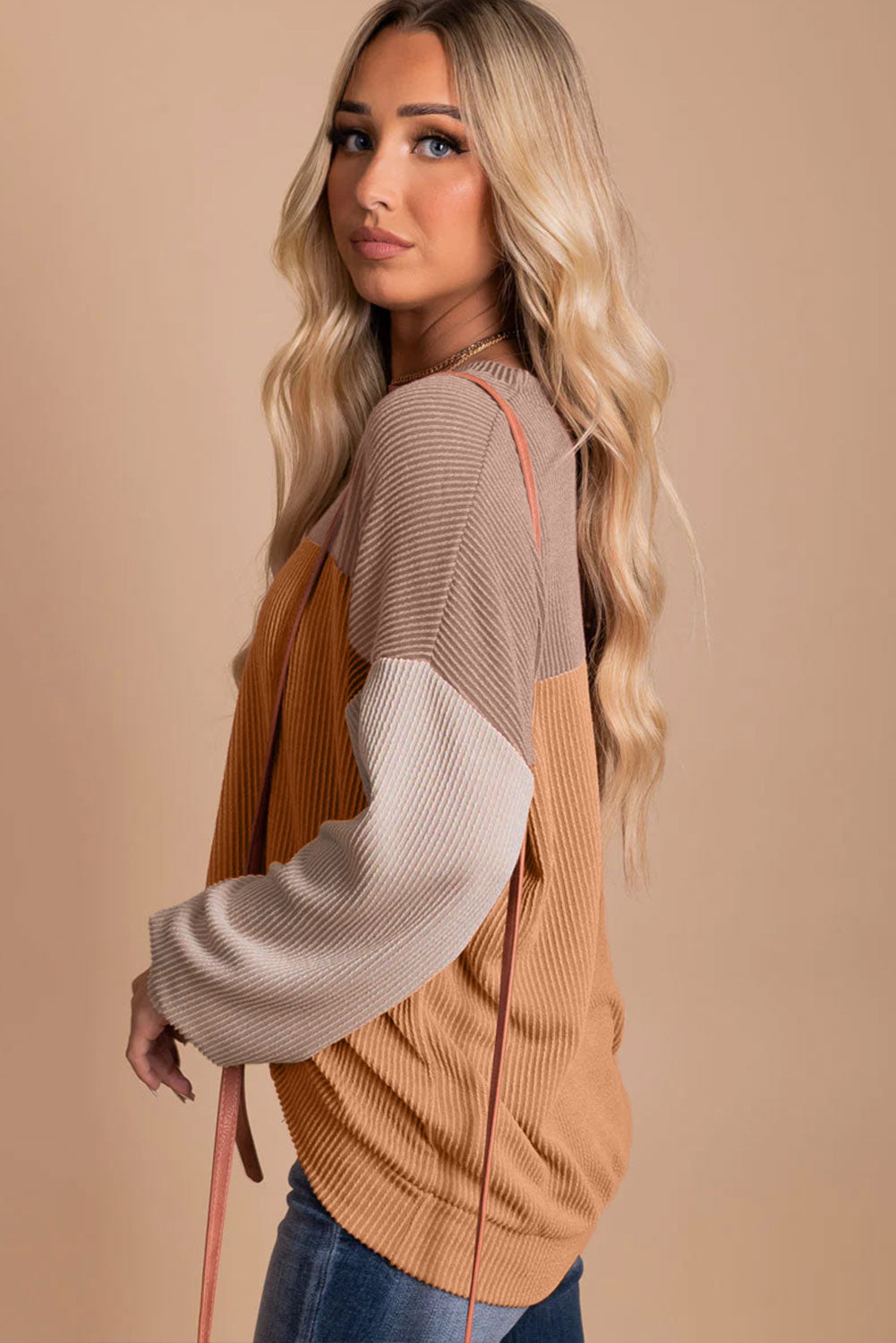 Color Block, Long Sleeve Loose Top - Ribbed Texture