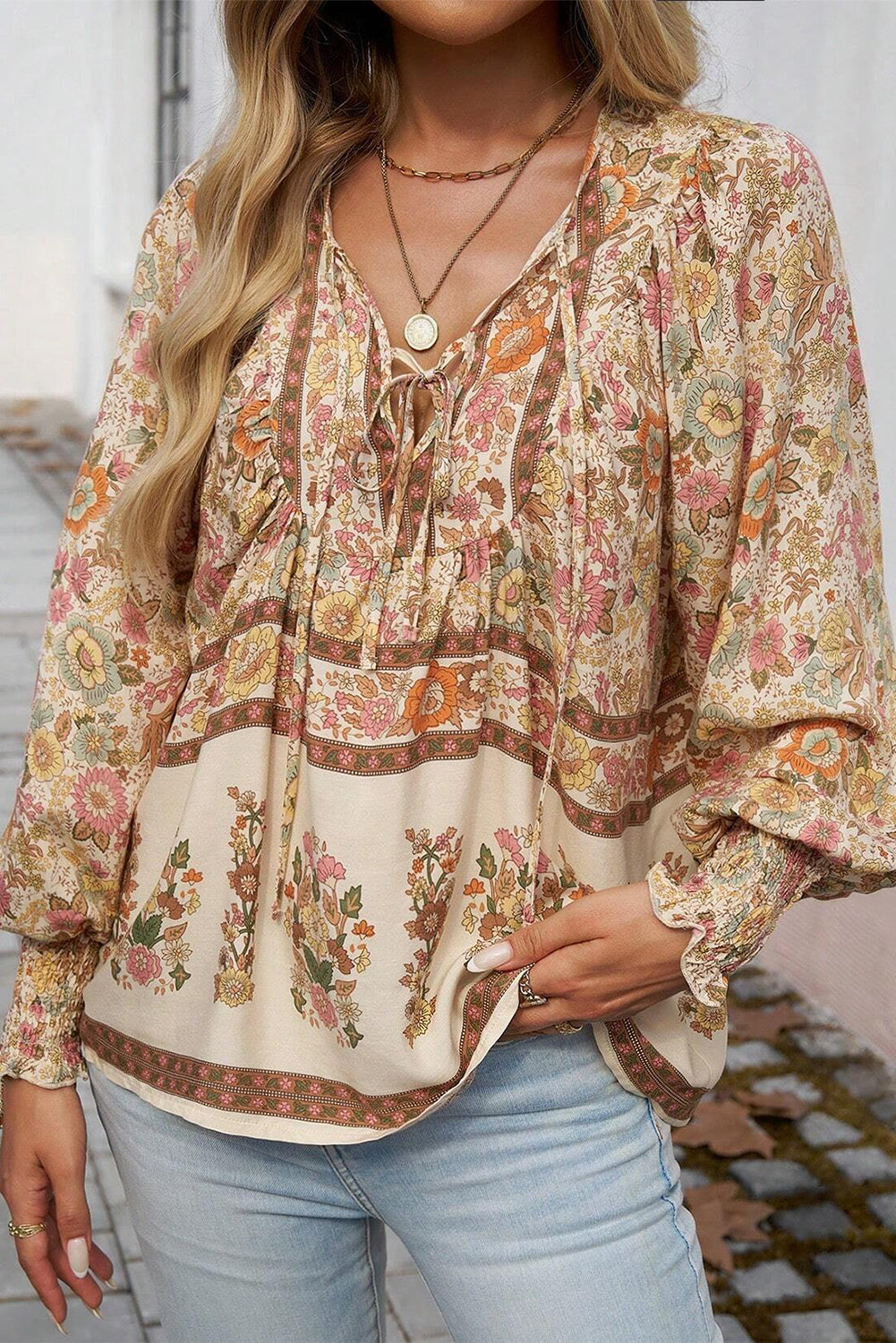Feminine Floral Print, Lantern Sleeve Blouse