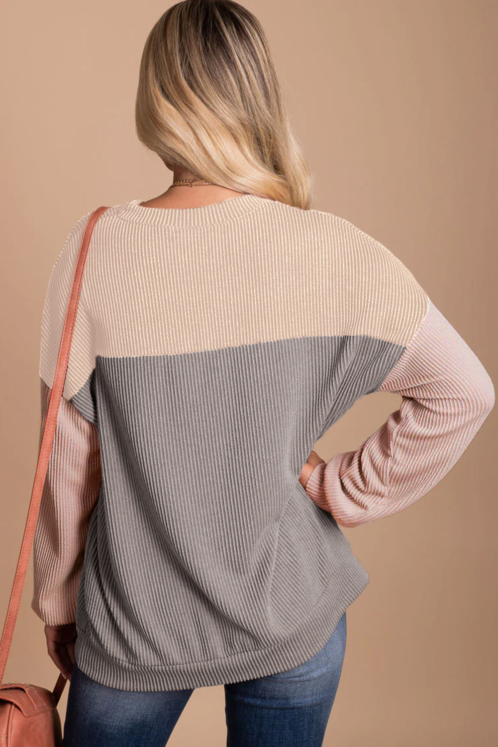 Color Block, Long Sleeve Loose Top - Ribbed Texture