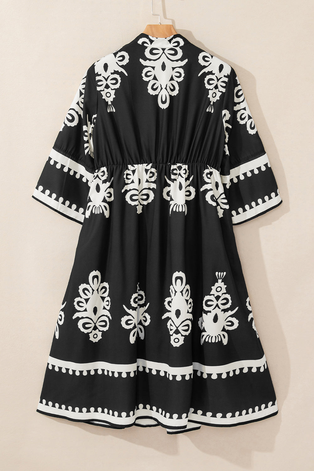 3/4 Sleeve Loose Midi Dress - Black Boho Print