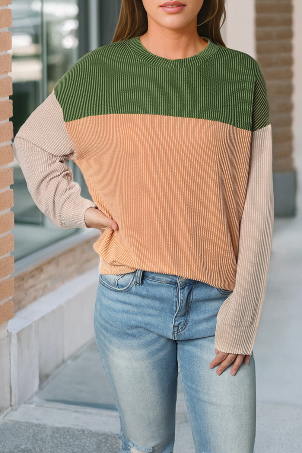 Color Block, Long Sleeve Loose Top - Ribbed Texture