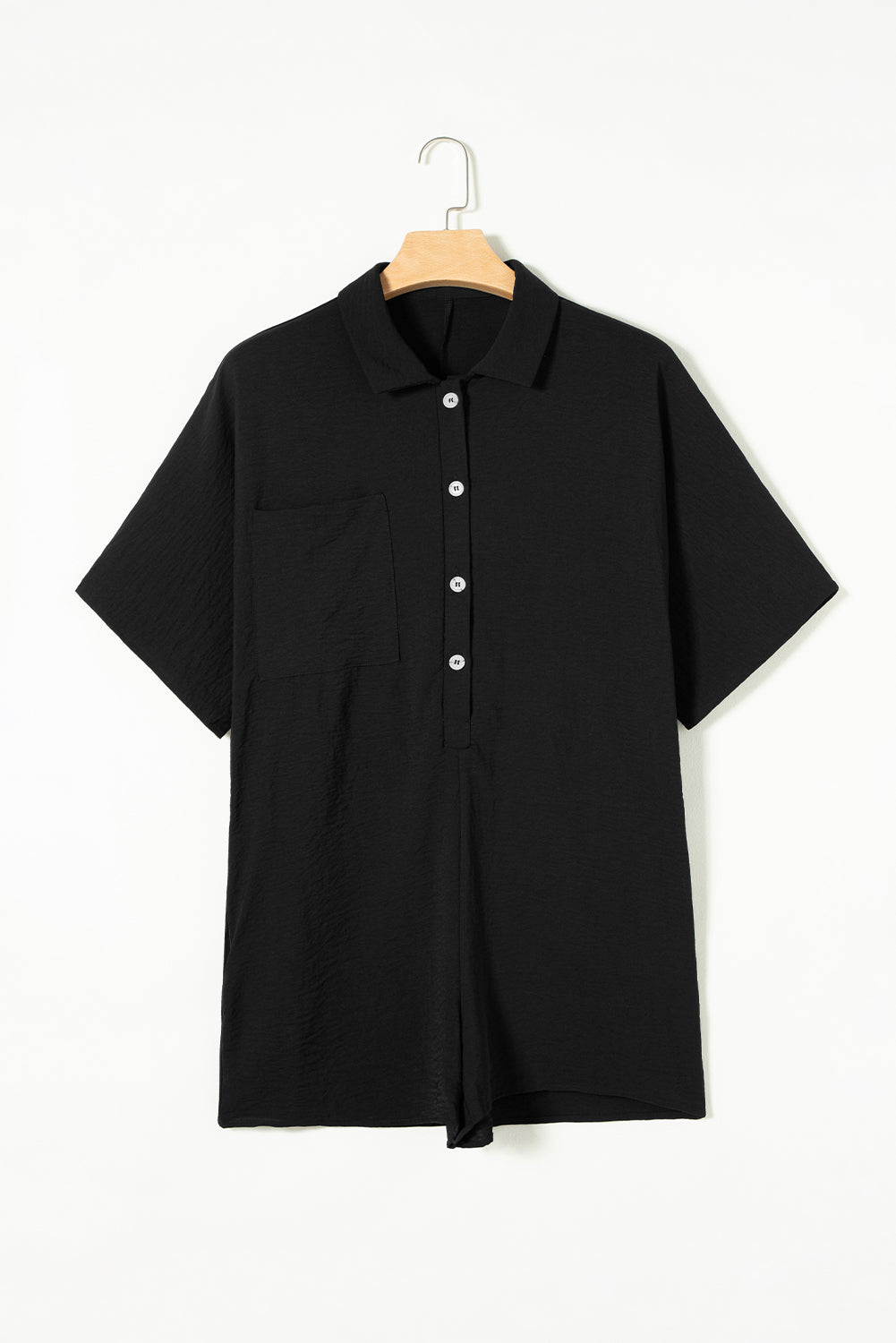 Black Loose Romper - Half Button, Collared