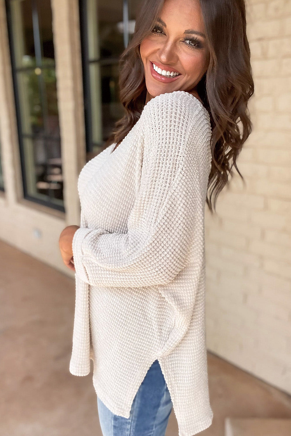 Waffle Knit V-Neck Top - Side Slits, Loose Fit