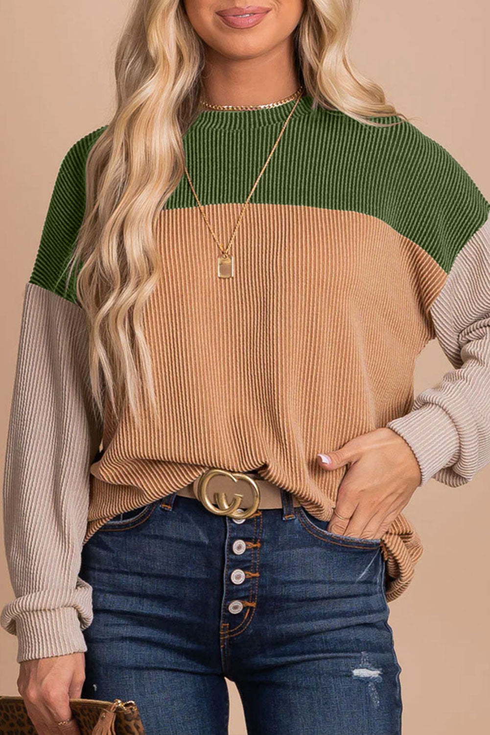 Color Block, Long Sleeve Loose Top - Ribbed Texture