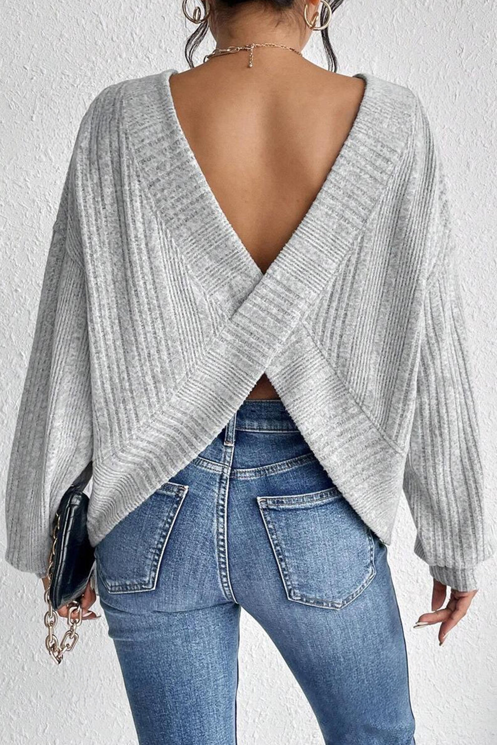 Light Grey, Crossover, Backless Long Sleeve Top