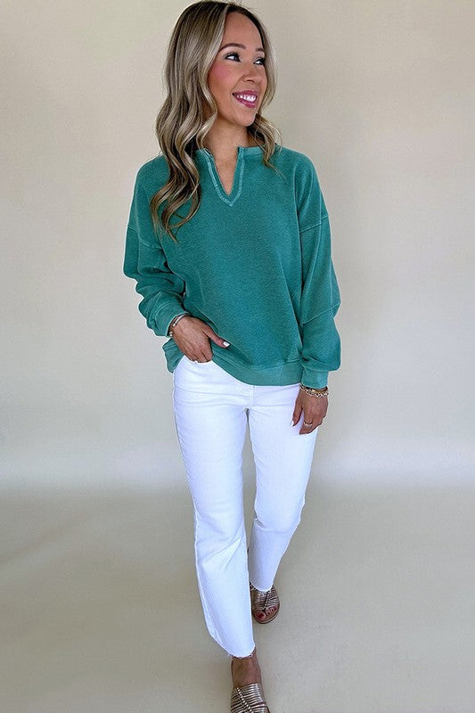 Notched Neck, Drop Shoulder Sweatshirt