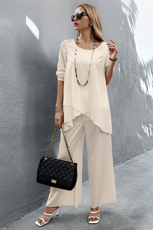 Round Neck, Asymmetric Top and Wide-Leg Pants