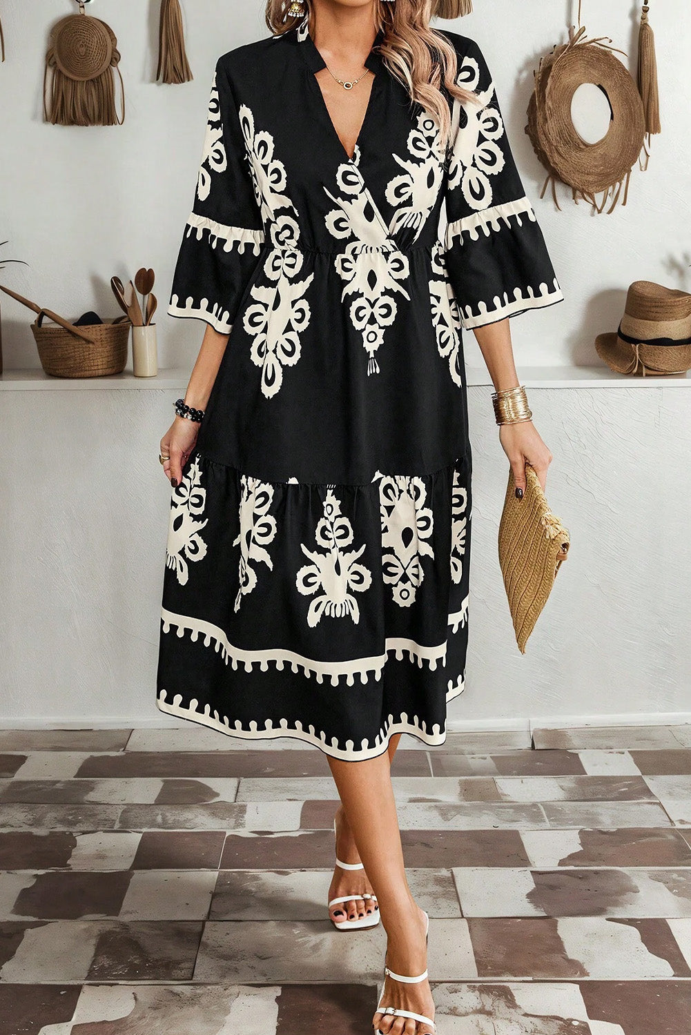 3/4 Sleeve Loose Midi Dress - Black Boho Print