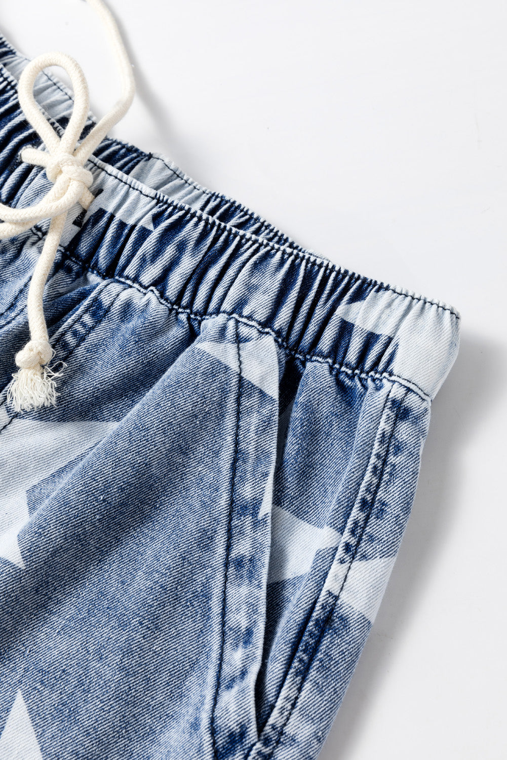 Light Blue, Star Print, Wide Leg Jeans - Light Wash, Drawstring Elastic Waistband