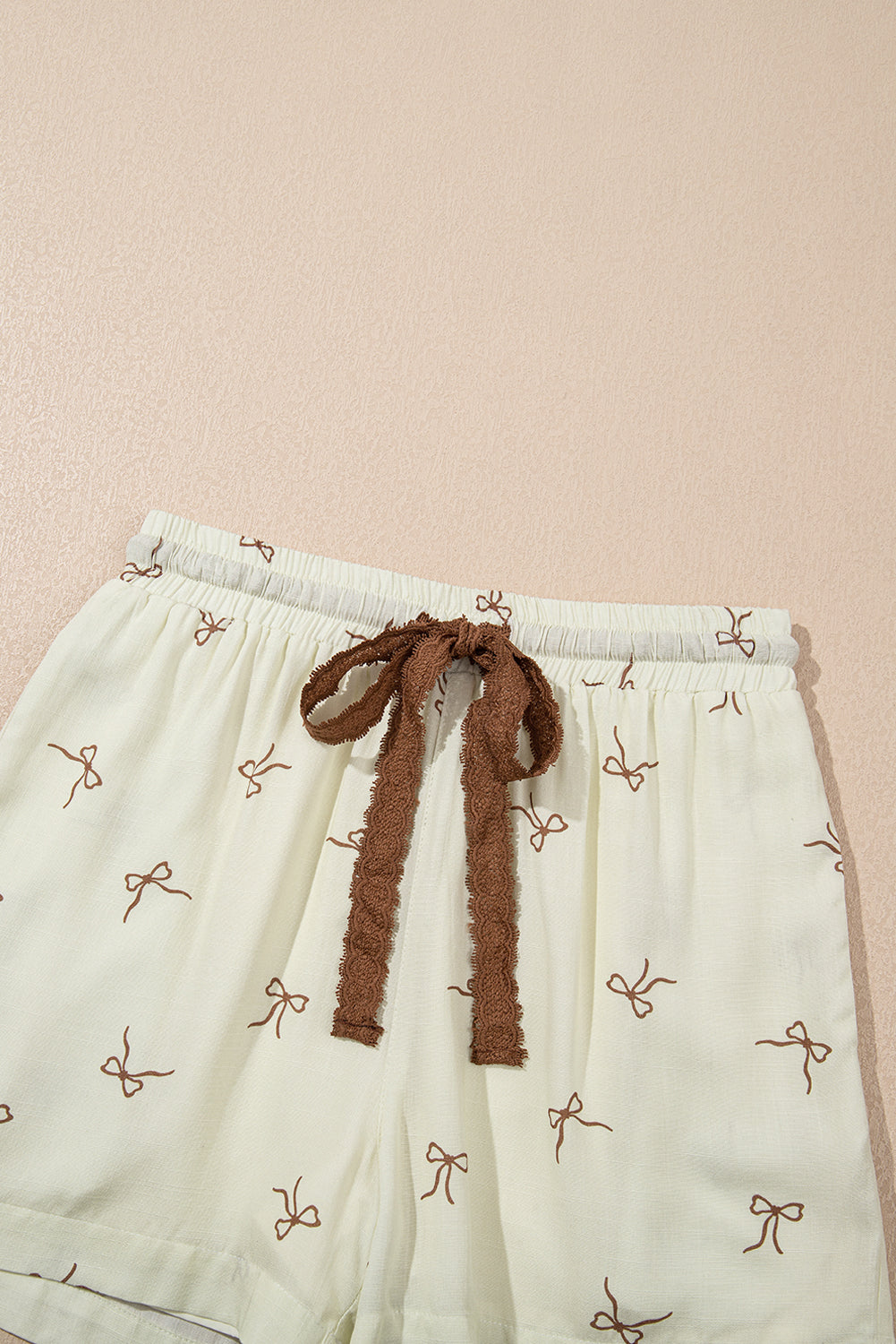 White, Bow Print, Drawstring Shorts