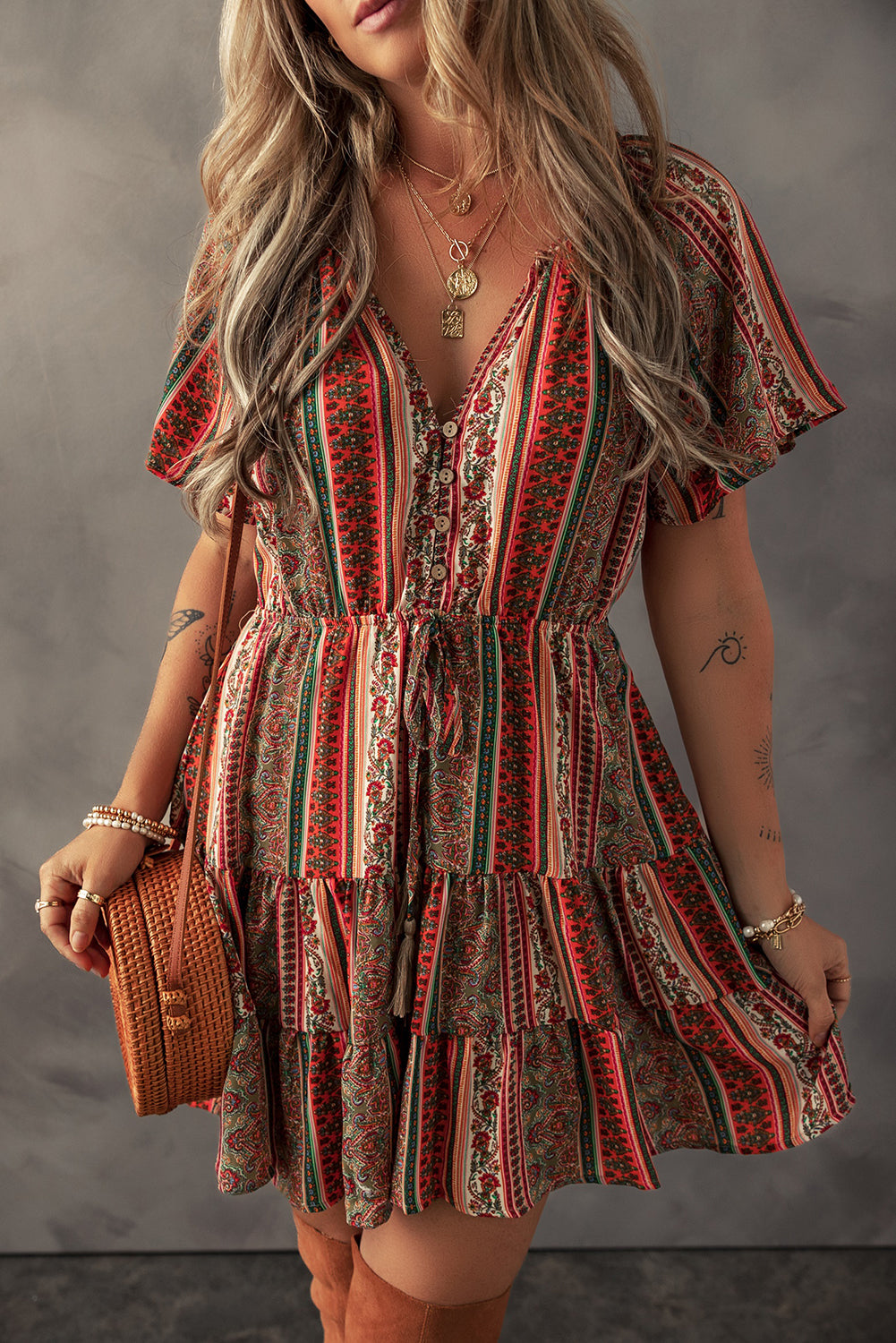 Red Bohemian Ruffle Tiered Dress - Floral Print, Buttoned, V Neck