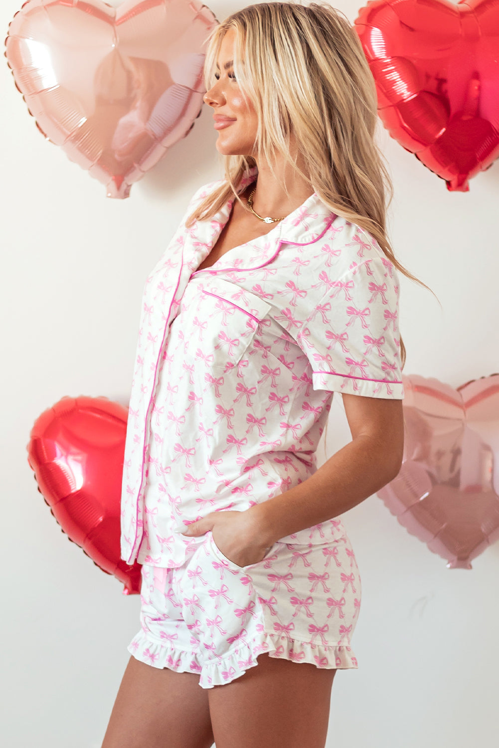 Bowknot Print, Short-Sleeve Pajama Set - Ruffled Shorts