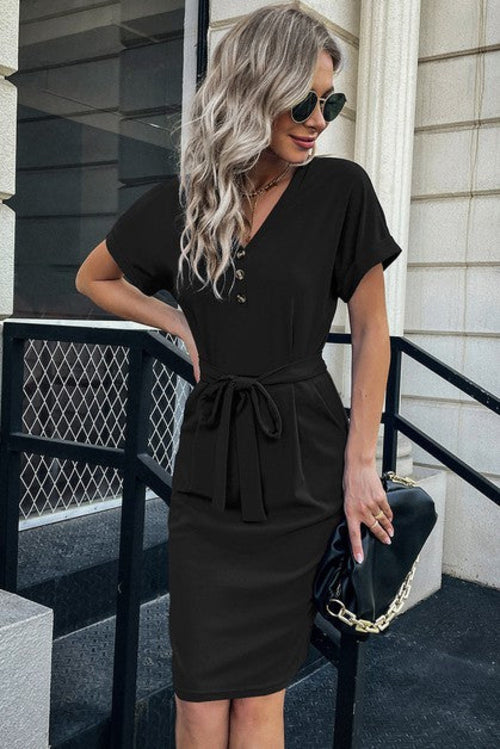 V-Neck Dress - Solid Button Detail, Cuffed Sleeves