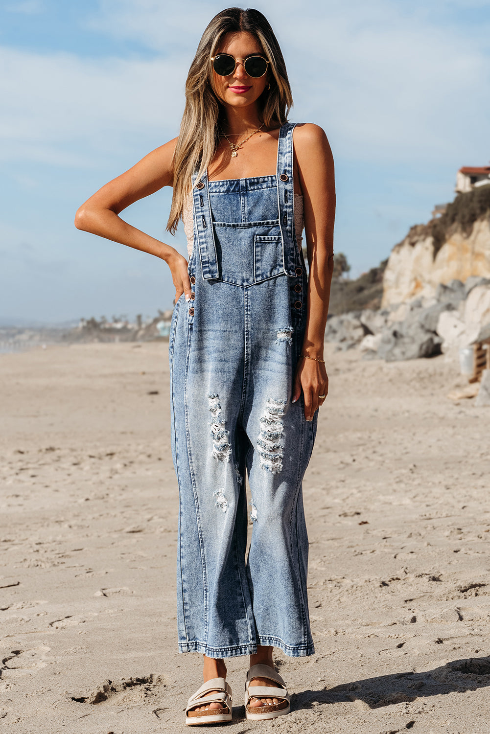 Stone Blue, Distressed Denim, Bib Overall  - Pockets, Wide Leg