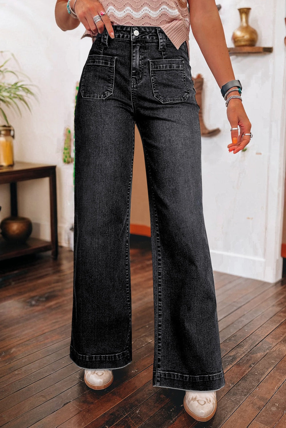 Pocketed High Waist Jeans - Wide Leg