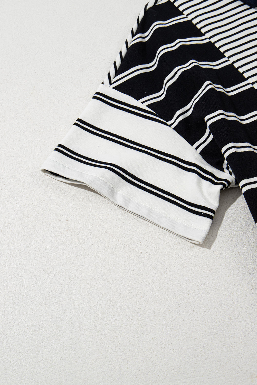 Black Stripe Half Placket T Shirt Dress - Polo Neck