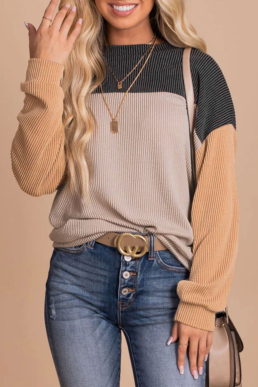 Color Block, Long Sleeve Loose Top - Ribbed Texture