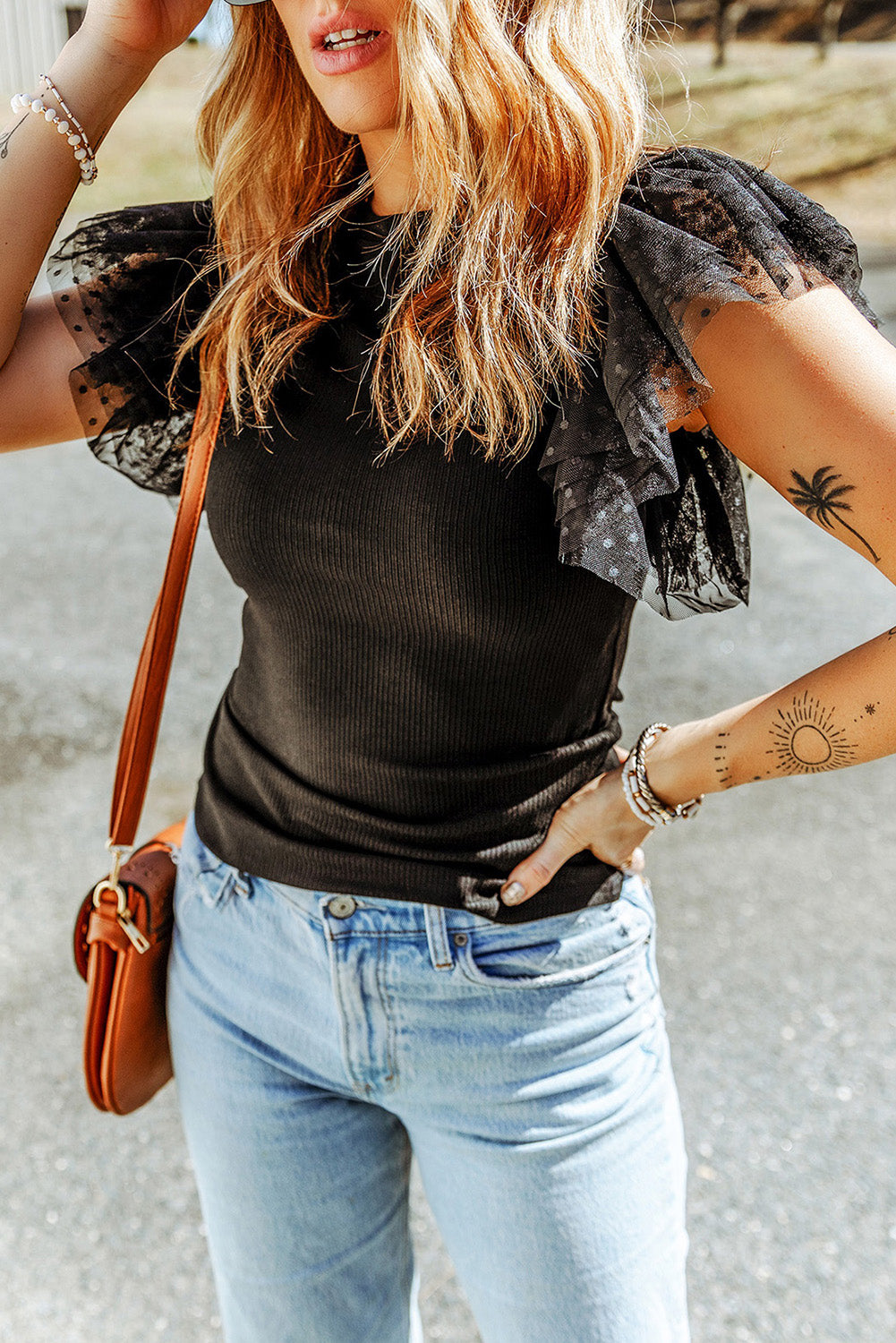 Ribbed Knit Top w/Dotty Mesh Ruffle Sleeve
