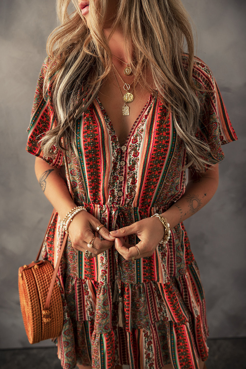 Red Bohemian Ruffle Tiered Dress - Floral Print, Buttoned, V Neck