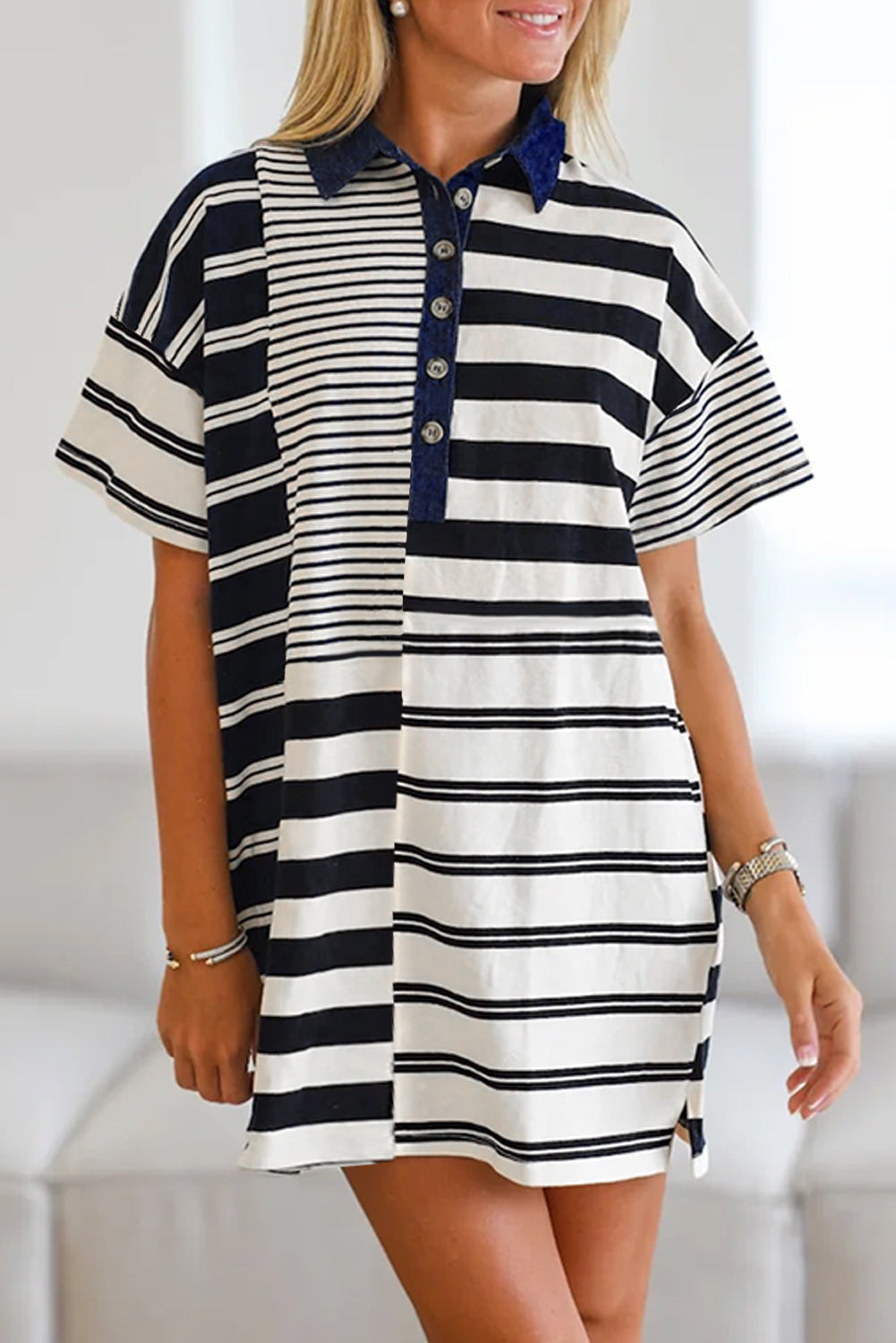 Black Stripe Half Placket T Shirt Dress - Polo Neck