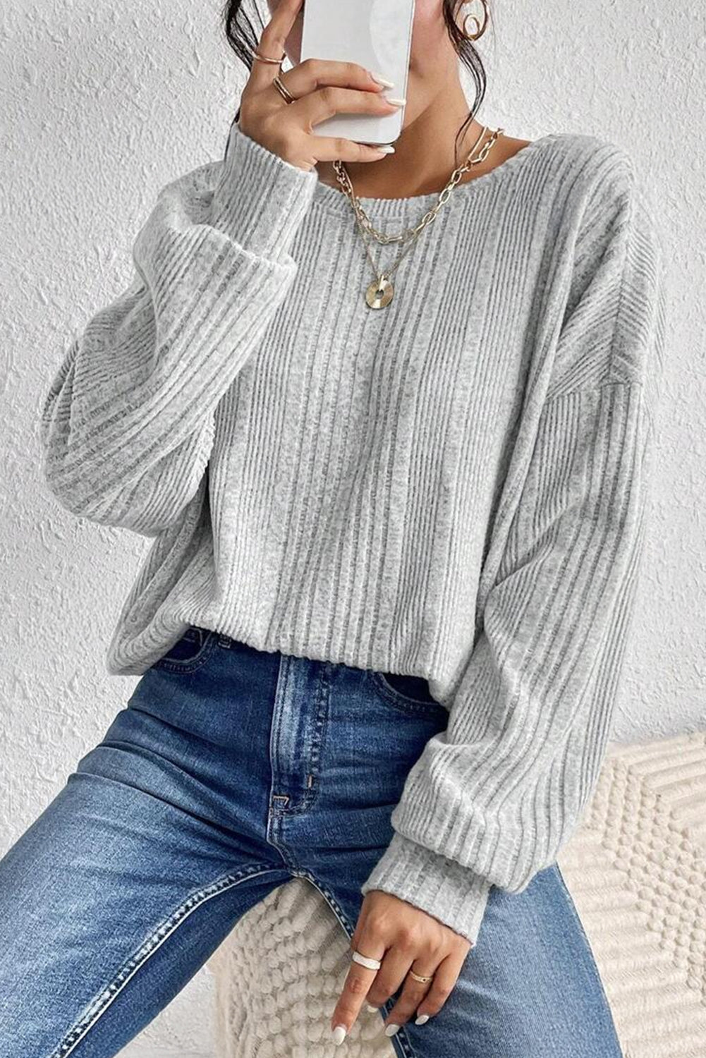 Light Grey, Crossover, Backless Long Sleeve Top
