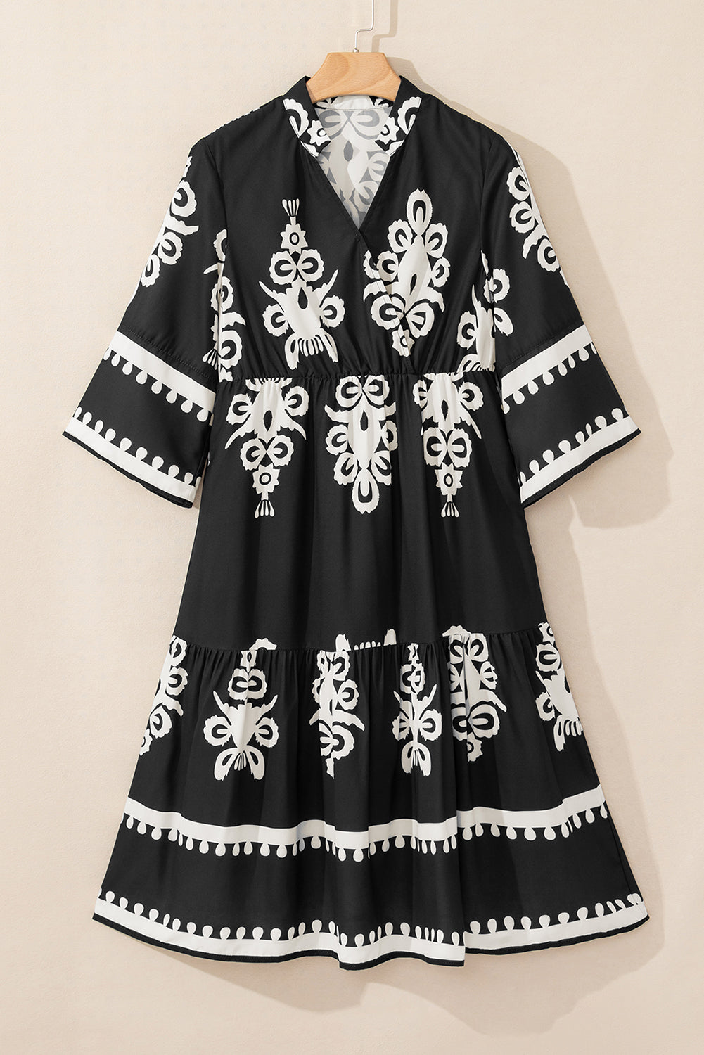 3/4 Sleeve Loose Midi Dress - Black Boho Print