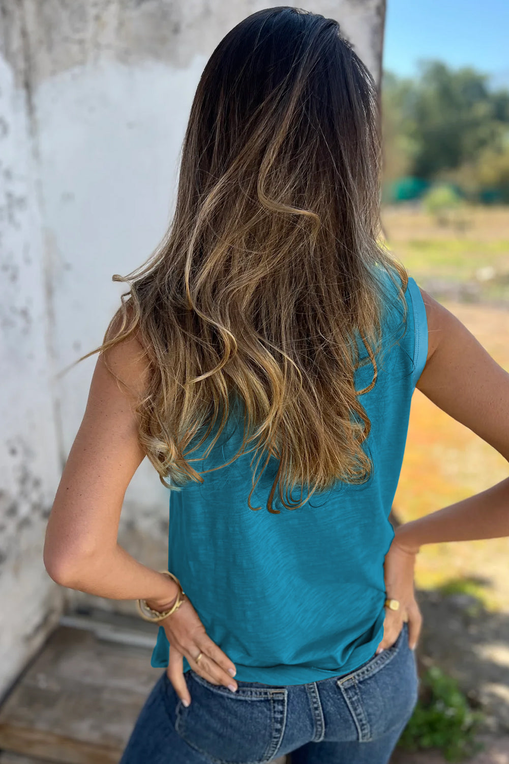 Scooped Neck Tank Top w/Metallic-Sheen Edging
