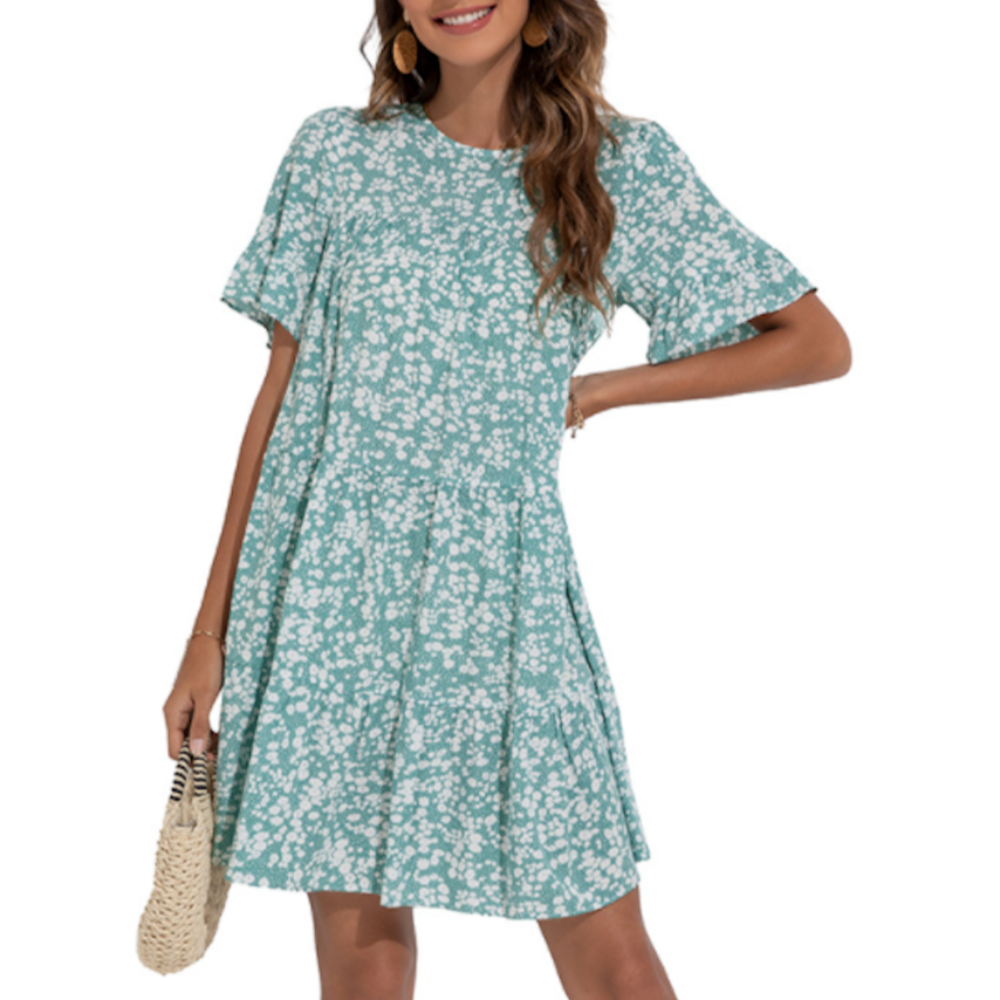 Floral A-Line Dress with Ruffle Sleeves