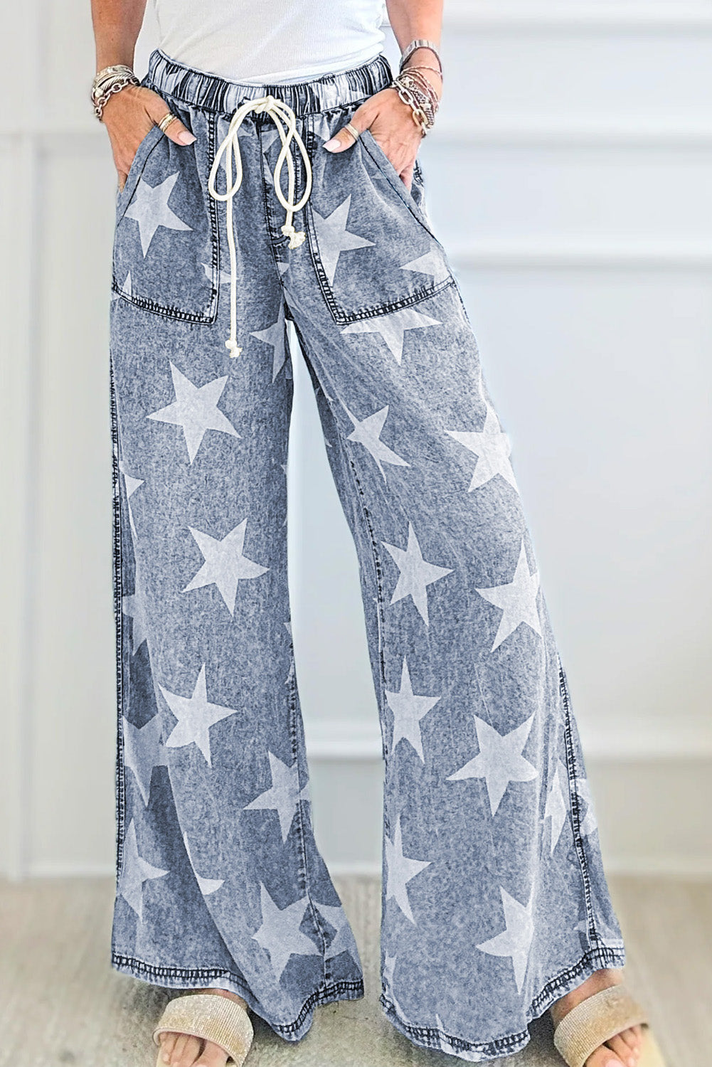 Light Blue, Star Print, Wide Leg Jeans - Light Wash, Drawstring Elastic Waistband