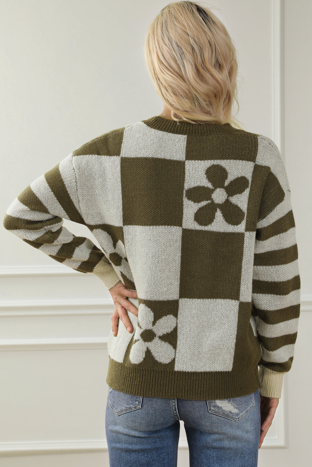 Checkered Floral Print Sweater