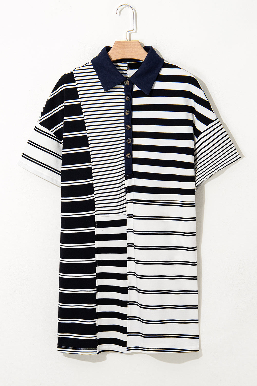 Black Stripe Half Placket T Shirt Dress - Polo Neck