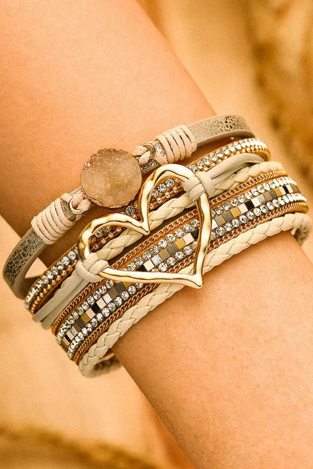 Bohemian-Inspired Heart Rhinestone Bracelet - Magnetic Closure
