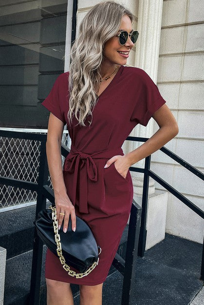 V-Neck Dress - Solid Button Detail, Cuffed Sleeves