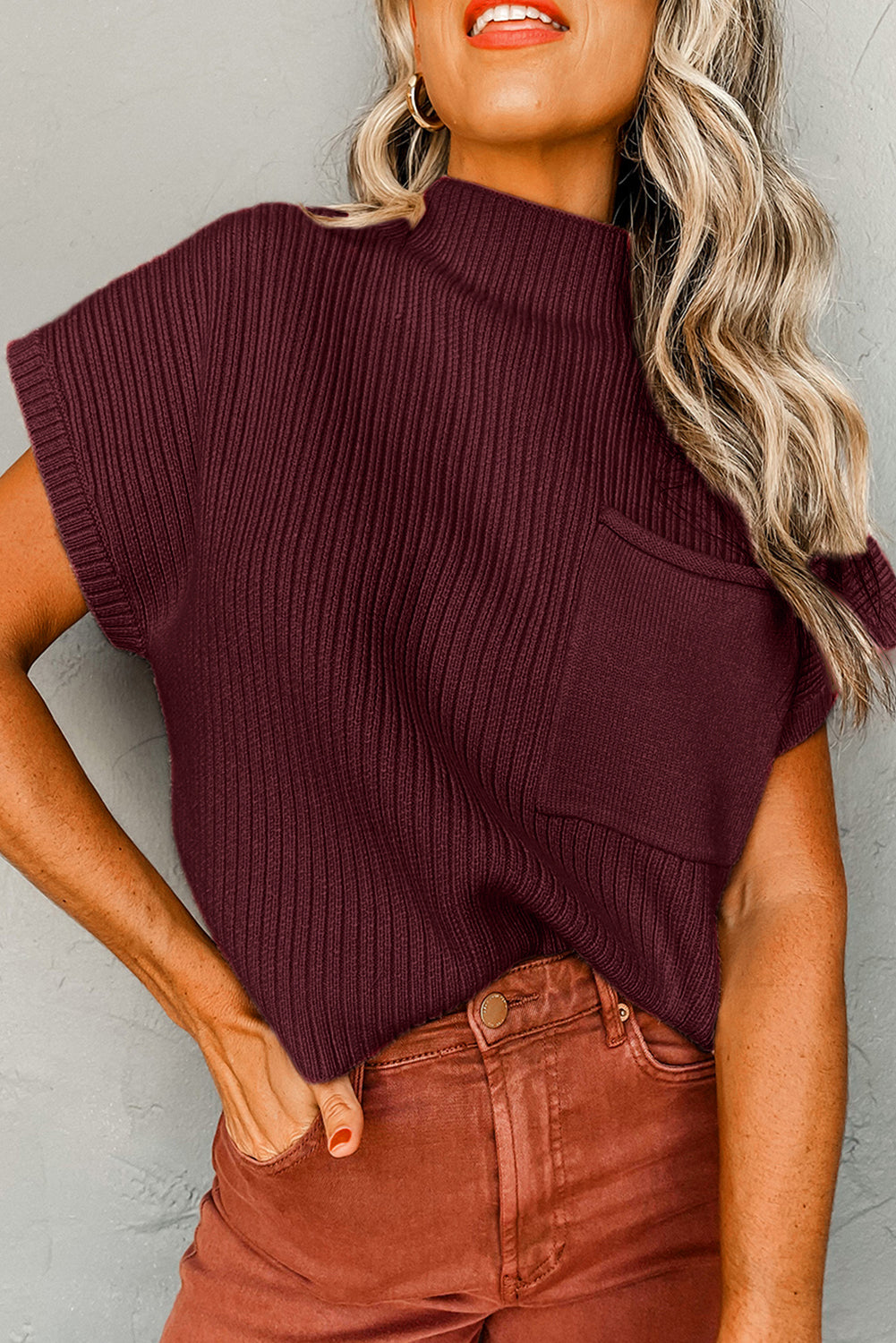 Ribbed Knit, Short Sleeve Sweater