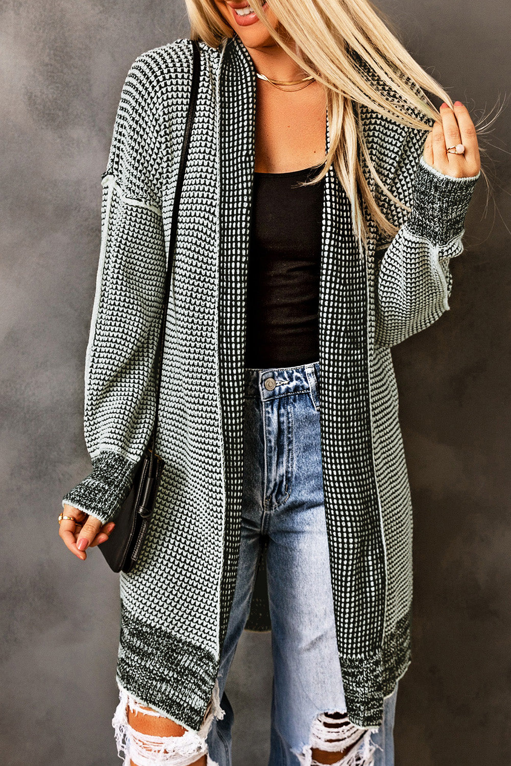 Plaid, Open Front Knit Cardigan - Plus Size