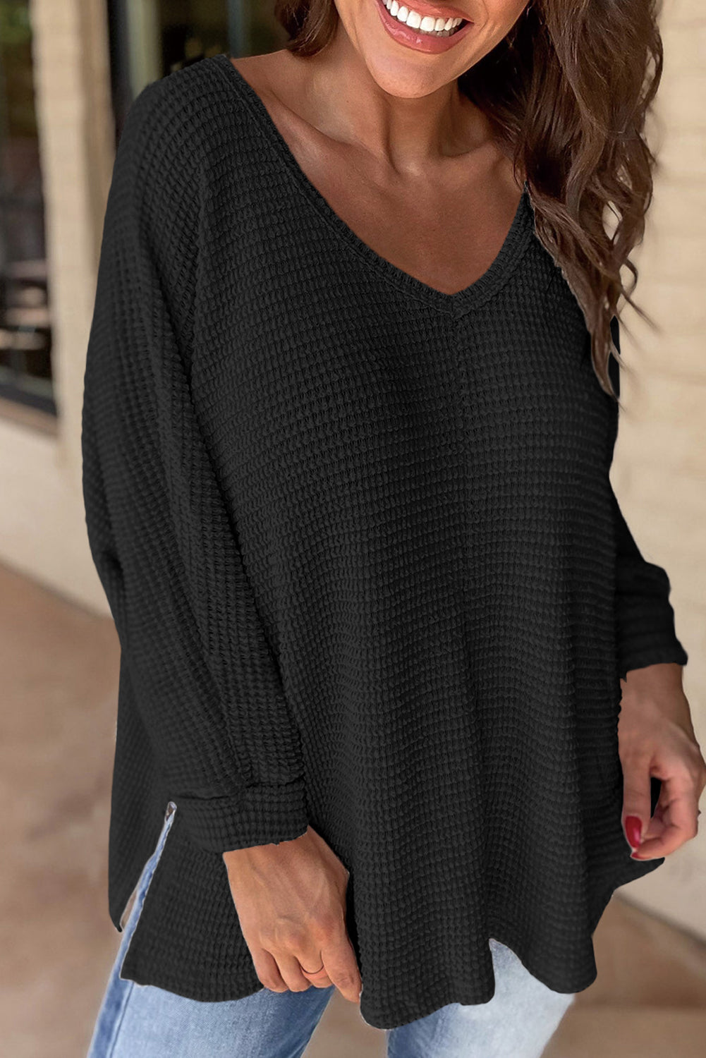 Waffle Knit V-Neck Top - Side Slits, Loose Fit