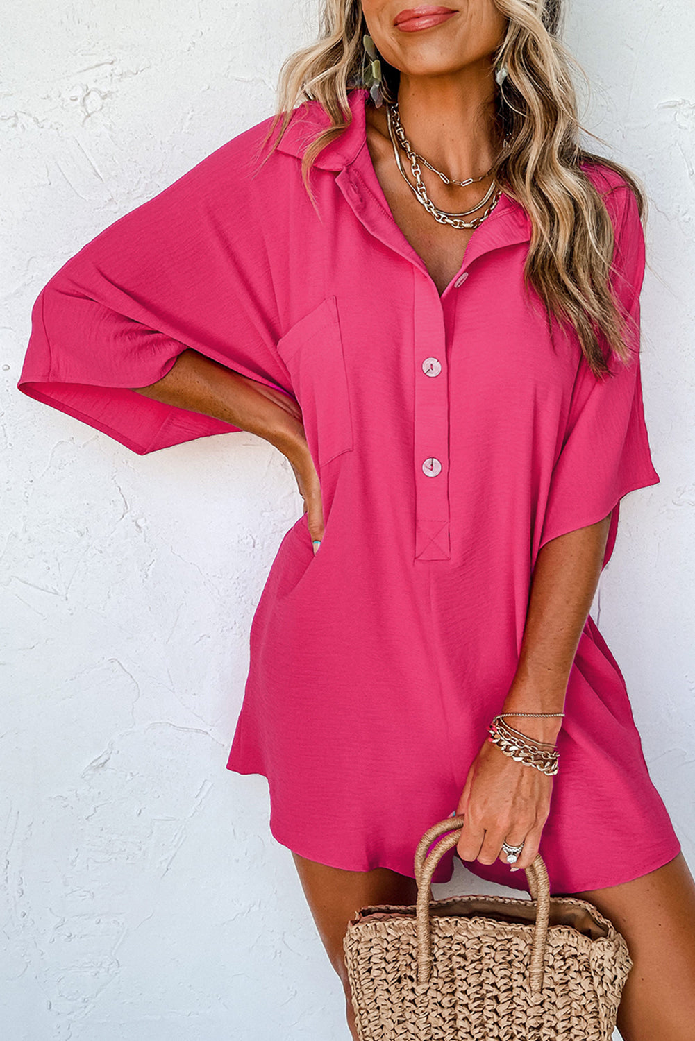 Bright Pink Loose Romper - Plus Sizes