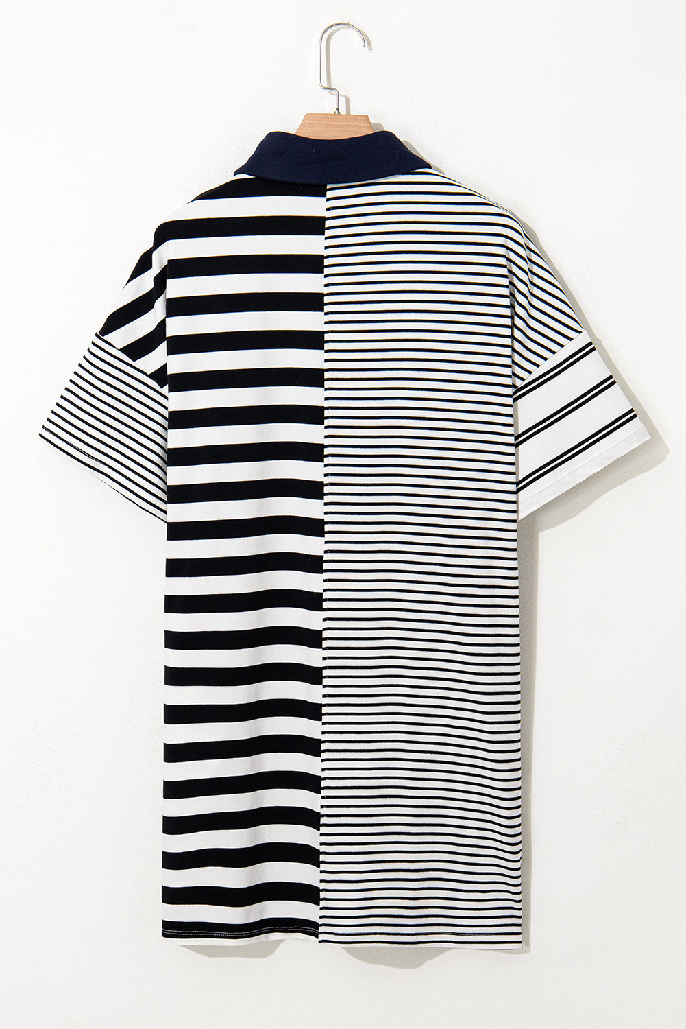Black Stripe Half Placket T Shirt Dress - Polo Neck