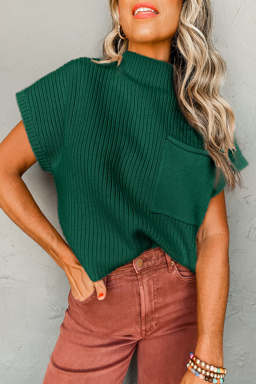 Ribbed Knit, Short Sleeve Sweater