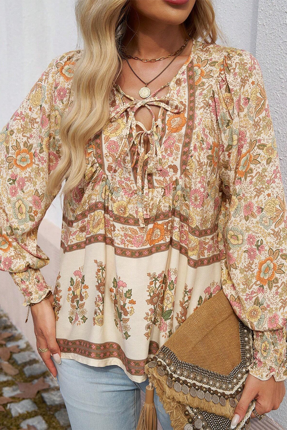 Feminine Floral Print, Lantern Sleeve Blouse
