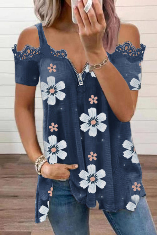 Blue Floral, Lace Contrast T Shirt - Zipped, Cold Shoulder