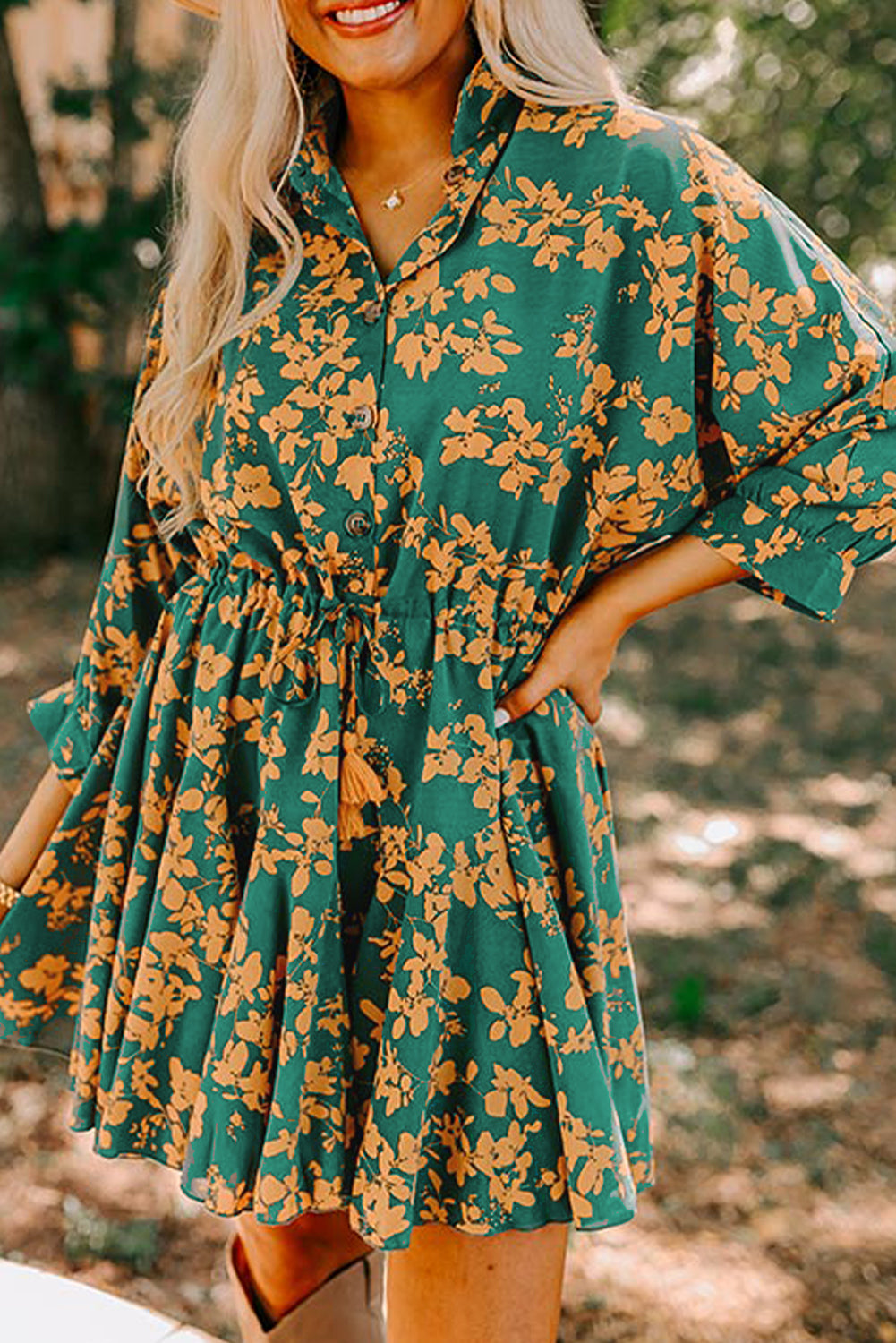 Flowy, Floral Print Drawstring Dress
