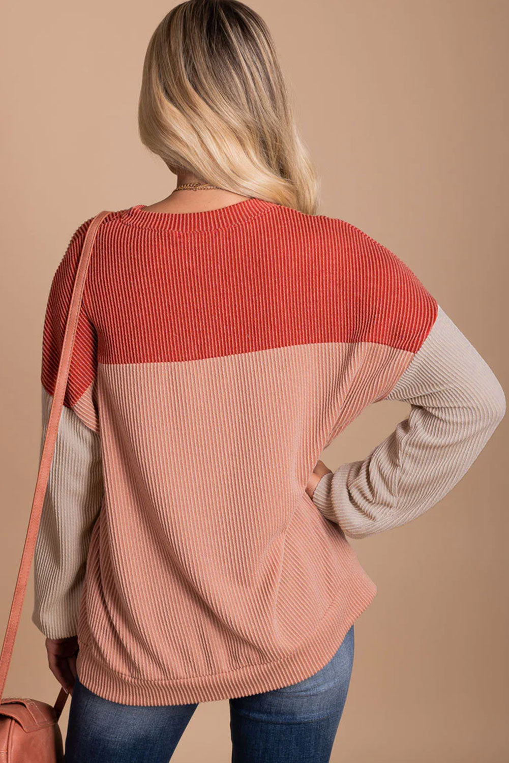 Color Block, Long Sleeve Loose Top - Ribbed Texture
