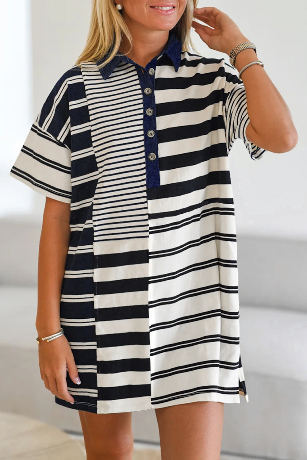 Black Stripe Half Placket T Shirt Dress - Polo Neck